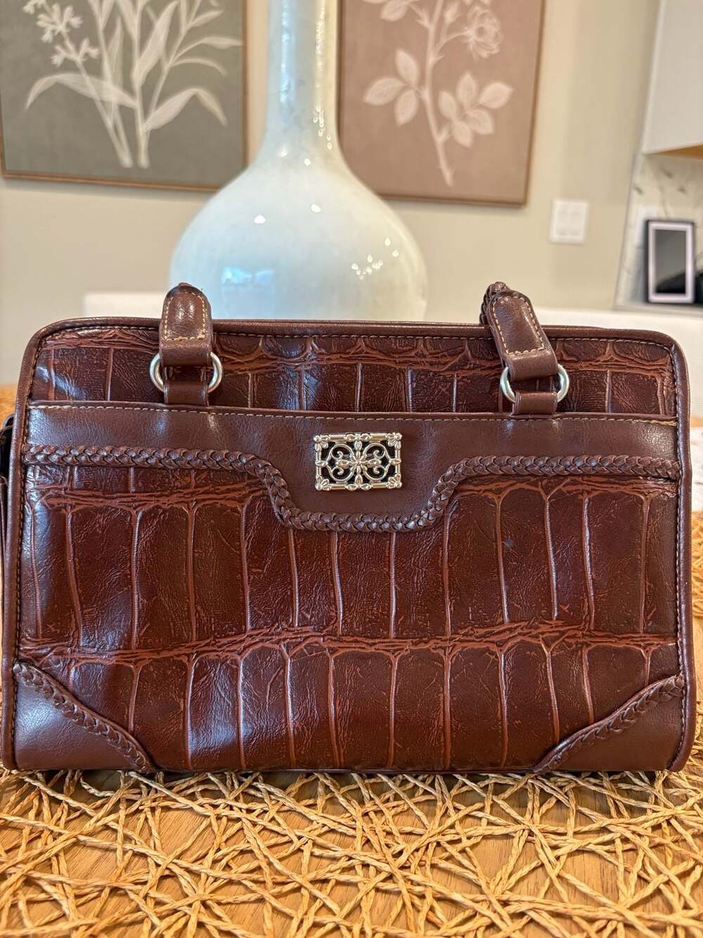 Bueno Brown Croc Embossed Faux Leather Shoulder Bag with Braided Straps